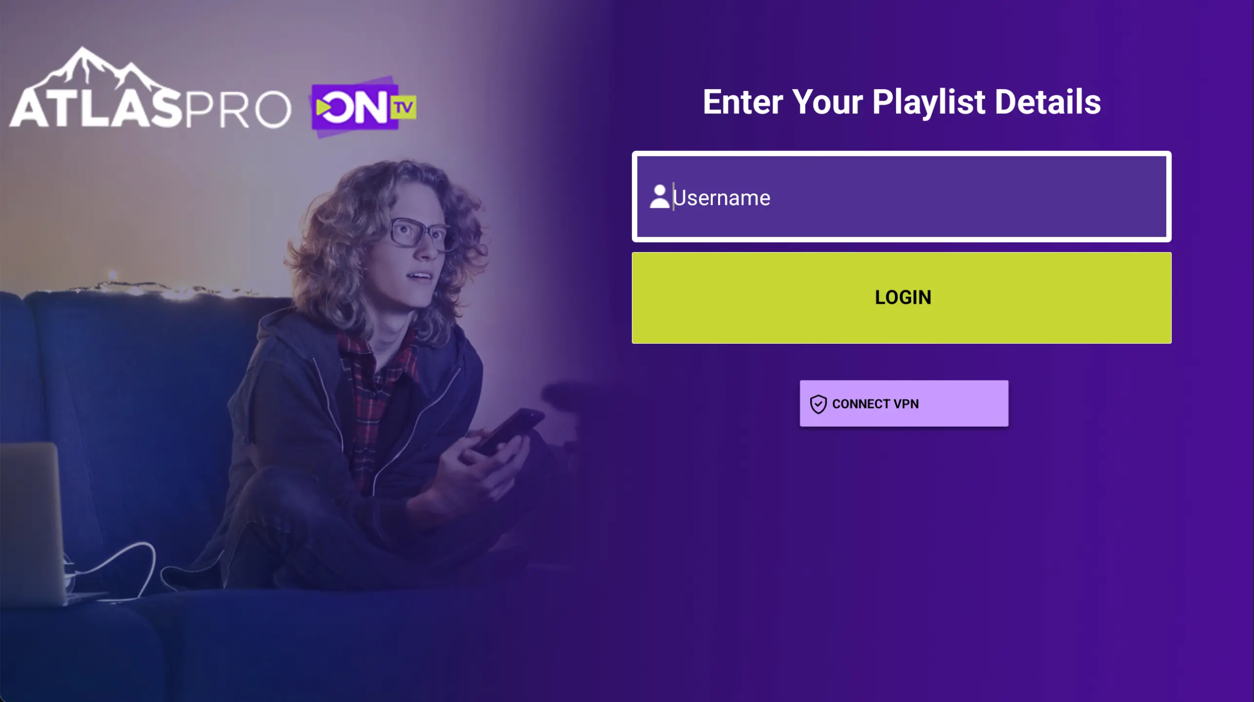 Interface Atlas Pro ONTV – écran de connexion avec code d'activation